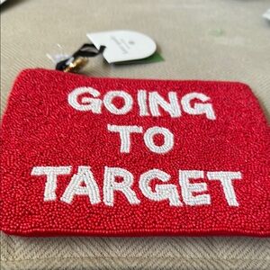 Red Beaded Pouch with White Text